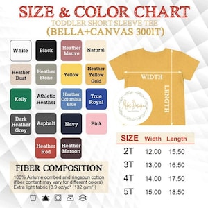 K&ouml;nnte beinhalten: Eine Gr&ouml;&szlig;en- und Farbtabelle f&uuml;r kurz&auml;rmelige T-Shirts f&uuml;r Kleinkinder. Die Tabelle enth&auml;lt Farbmuster in verschiedenen Farben, darunter Wei&szlig;, Schwarz und Pink. Die Ma&szlig;e werden in cm f&uuml;r die Gr&ouml;&szlig;en 2T bis 5T angegeben. Die Faserzusammensetzung ist ebenfalls aufgef&uuml;hrt.