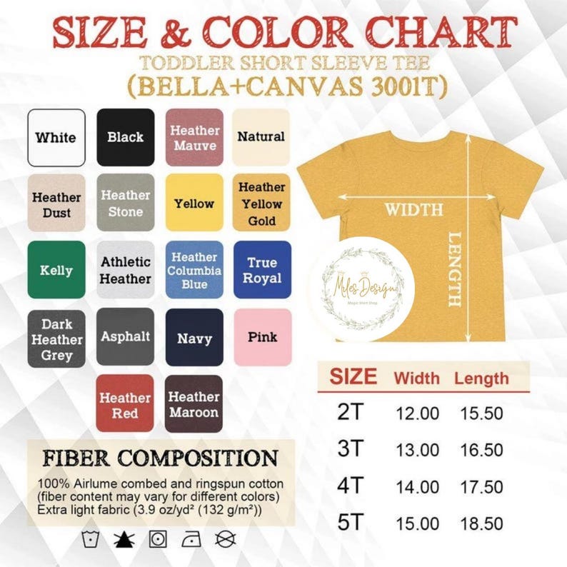 K&ouml;nnte beinhalten: Eine Gr&ouml;&szlig;en- und Farbtabelle f&uuml;r kurz&auml;rmelige T-Shirts f&uuml;r Kleinkinder. Die Tabelle enth&auml;lt Farbmuster in verschiedenen Farben, darunter Wei&szlig;, Schwarz und Pink. Die Ma&szlig;e werden in cm f&uuml;r die Gr&ouml;&szlig;en 2T bis 5T angegeben. Die Faserzusammensetzung ist ebenfalls aufgef&uuml;hrt.