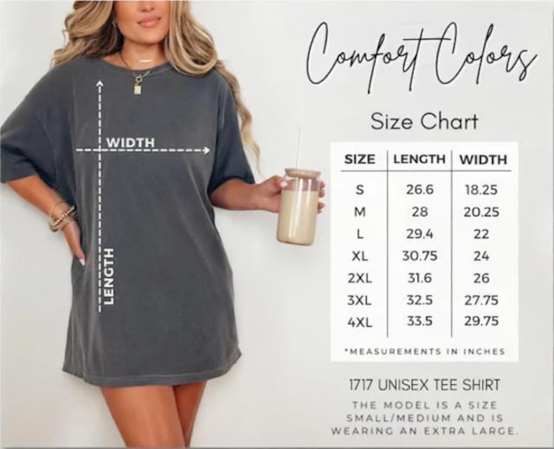 May include: Dark grey unisex tee shirt with a size chart. The chart shows measurements in inches for sizes S to 4XL. The model is wearing an extra large. The shirt is labeled "1717 UNISEX TEE SHIRT" and the brand is "Comfort Colors".
