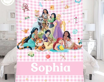 Personalized Gingham Disney Princess Blanket, Disney Princess Girl Gift, Princess Kid Blanket, Cinderella Ariel Belle Rapunzel Moana Blanket