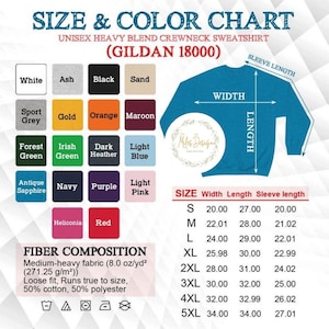 Puede incluir: Tabla de tallas para una sudadera con cuello redondo de mezcla pesada unisex Gildan 18000. La tabla muestra el ancho, la longitud y la longitud de la manga en cent&iacute;metros para las tallas S a 5XL. La tabla tambi&eacute;n incluye una tabla de colores con 16 opciones de colores diferentes.