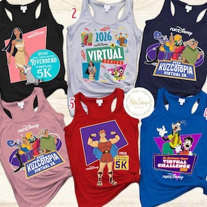 May include: A collection of six racerback tank tops with colorful graphic designs. The tops feature characters and themes from Disney movies, with text indicating virtual 5K runs. Colors include black, gray, navy, pink, red, and blue.
