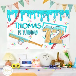 May include: A rectangular party backdrop featuring a white background with blue icing drips, colorful sprinkles, a baseball bat, a baseball, and the text "THOMAS IS TURNING 12" with the number 12 designed as waffle cones with blue icing.
