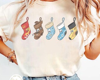 Retro Disney Cars Characters Christmas Stocking Comfort Colors Shirt, Lightning McQueen Xmas Baby Tee Crop Tank, Sally Cars Shirt, Tow Mater