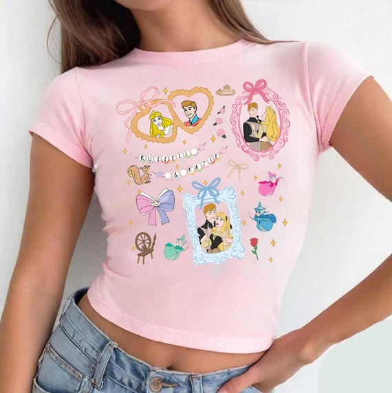 Personalized Aurora Baby Tee, Walt Disney Castle Locket, Disney Coquette Bow Crop Tee, Princess Coquette, Girly Tee, Sleeping Beauty Tee