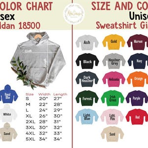 K&ouml;nnte beinhalten: Gr&ouml;&szlig;en- und Farbtabelle f&uuml;r Unisex-Hoodies und Sweatshirts. Die Tabelle zeigt verschiedene Farben und Gr&ouml;&szlig;en mit den entsprechenden Ma&szlig;en in Zoll. Die Tabelle enth&auml;lt den Markennamen Gildan und die Modellnummern 18500 und 18000.