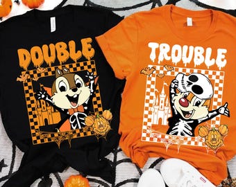 Retro Chip n Dale Skeleton Double Trouble Couple Matching Halloween Comfort Colors Shirt, Disney Halloween Baby Tee Crop Tank, Spooky Vibes