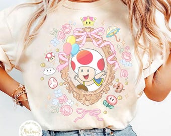 Retro Coquette Bow Mario Toad Shirt, The Super Mario Bros Movie, Mario Epic Universe Baby Tee Crop Tank, Toad Coquette Tee