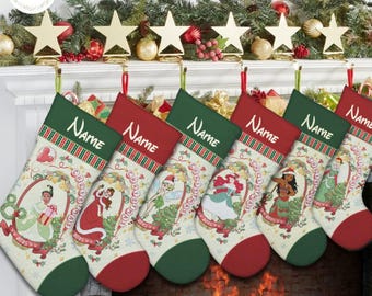 Personalized Coquette Princesses Christmas Stocking, Disney Princess Christmas Stockings With Name, Ariel Belle Cinderella Snow White Tiana