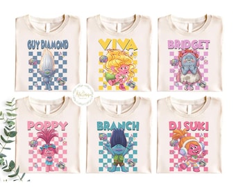 Retro Checkered All Characters Trolls Shirt, Trolls Band Together Princess Poppy Birthday Girl, Branch Tee, Trolls Family Group Matching Tee