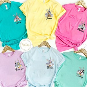 Pu&ograve; includere: Sei magliette con un design di castello e personaggio Disney. Le magliette sono di diversi colori: verde acqua, giallo, rosa, azzurro, lavanda e verde. Le magliette hanno il seguente testo: "Zio", "James", "Mamma", "Fratello", "Sorella" e "Pap&agrave;".