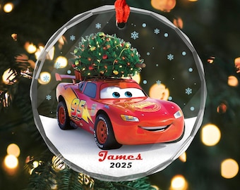 Personalized Lightning McQueen Santa Ornament, Custom Disney Cars Christmas Keepsake, Holiday Tree Decoration Gift, Kids Ornament Gift