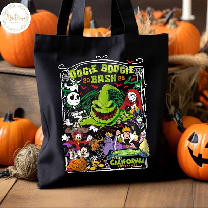 May include: Black tote bag featuring a colorful graphic with the text "Oogie Boogie Bash 20 Bash 25" and various Disney characters. The design includes Jack Skellington, Sally, and other Halloween-themed characters. Pumpkins are in the background.