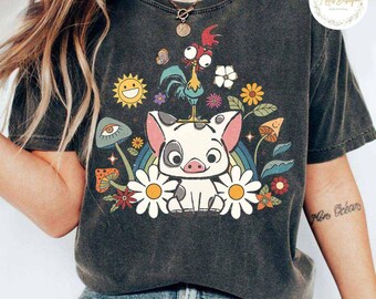 Comfort Colors Retro 70s Pua And Hei Hei Floral T-shirt, Disney Moana Baby Tee Crop Tank, Disneyland Trip Outfit, Funny Disney Tee