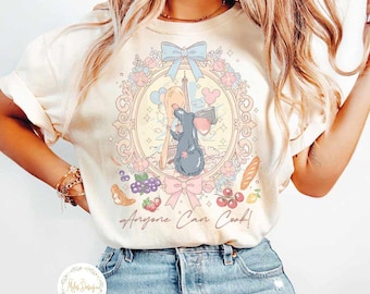 Retro Coquette Bow Disney Ratatouille Remy Baby Tee Crop Tank, Anyone Can Cook Quote, Paris France Gusteau's Design, Girly Disney Fan Shirt