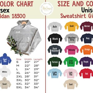 May include: Size and colour chart for unisex hoodies and sweatshirts. The chart shows different colours and sizes with corresponding measurements in inches. The chart includes the brand name Gildan and the model numbers 18500 and 18000.