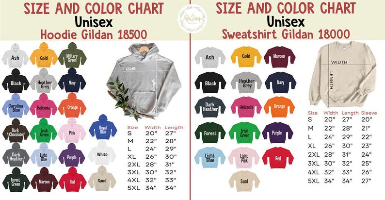 May include: Size and colour chart for unisex hoodies and sweatshirts. The chart shows different colours and sizes with corresponding measurements in inches. The chart includes the brand name Gildan and the model numbers 18500 and 18000.