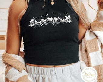 Vintage Disney Skull Baby Tee Crop Tank, Retro Nightmare On Main Street Shirts, Mickey Skeleton Shirts, Disney Trip Halloween 2025 Shirts