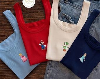 Retro Embroidered Mario Baby Tee Crop Tank, Embroidery Mario Family Shirt, Rosanila Yoshi Toad Luigi Daisy, Epic Universe Lace Trim Tank Top