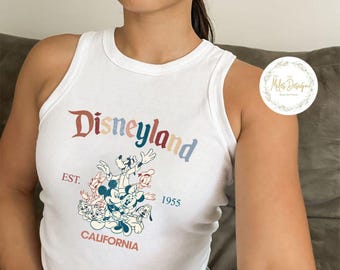 Retro Mickey And Friends Crop Tank, Vintage Disneyland Baby Tee Crop Top, Retro Disney Castle Shirt, Magic Kingdom, Disneyland Est 1955 Tee