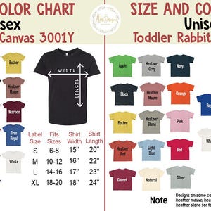 May include: Size and colour chart for unisex t-shirts. The chart shows a variety of colours and sizes for Bella + Canvas 3001Y t-shirts and Toddler Rabbit Skins 3321 t-shirts. The chart includes measurements for shirt width and length in inches.