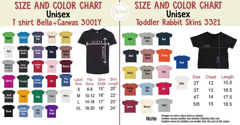May include: Size and colour chart for unisex t-shirts. The chart shows a variety of colours and sizes for Bella + Canvas 3001Y t-shirts and Toddler Rabbit Skins 3321 t-shirts. The chart includes measurements for shirt width and length in inches.