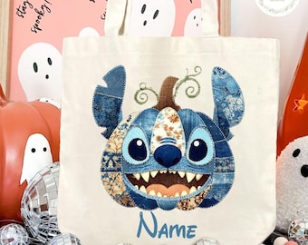 Personalized Stitch Halloween Tote Bag, Stitch Pumpkin Tote Bag, Disney Halloween Tote Bag, Funny Lilo And Stitch Bag, Halloween Gifts