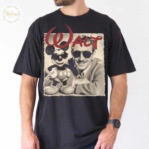 May include: Black t-shirt with a retro graphic of Mickey Mouse in sunglasses and Walt Disney. The word "Walt" is printed in red above the image. The shirt has a crew neck and short sleeves.