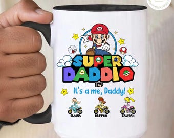 Personalized Super Daddio Mug, Custom Dad Gift, Kids Names Mario Kart Style Mug, Mario Father's day Mug, Gift For Dad, Mario Dad Mug