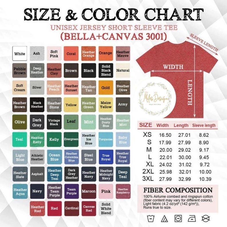 K&ouml;nnte beinhalten: Gr&ouml;&szlig;en- und Farbtabelle f&uuml;r ein Unisex-Jersey-Kurzarm-T-Shirt. Die Tabelle enth&auml;lt eine Farbpalette mit verschiedenen Farbt&ouml;nen und eine Gr&ouml;&szlig;entabelle mit Ma&szlig;en in cm f&uuml;r Breite, L&auml;nge und &Auml;rmell&auml;nge.