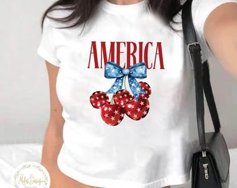 Coquette Bow Disney 4th Of July Baby Tee, Coquette Mickey Cherries Shirt, Retro America Tee, Disney Patriotic Shirt, Independence Day Shirt