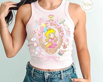 Débardeur court t-shirt bébé princesse pêche noeud coquette, chemise femme Mario, chemise voyage coquette filles, chemise couleur pêche, chemise univers épique