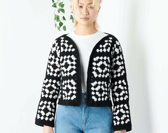 Granny Square Crochet Cardigan Pattern: Black & White Airie Cardi (PDF Pattern)