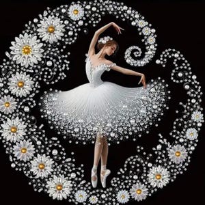 Könnte beinhalten: Eine digitale Illustration einer Ballerina in einem weißen Tutu, verziert mit glitzernden Verzierungen. Die Tänzerin ist von einem floralen und perlenartigen Design auf schwarzem Hintergrund umgeben. Das Kunstwerk zeigt eine anmutige Pose und zarte Details.