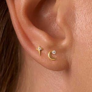 16G Mond und Stern Ohrstecker • Kleine Ohrstecker • Flacher Ohrring • Tragus Ohrstecker • Helix Muschel Ohrstecker • Knorpel • Unisex • Geschenk Set