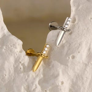 16G/18G Sword Stud Earrings • Internally threaded • Flat Back Earring • Tragus Stud • Helix Conch Stud • Cartilage • Gife For Her