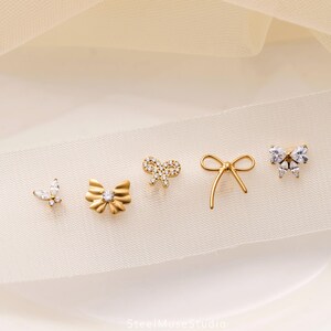 16G/18G Micro Bow Earrings Set • Tiny Bow Flat Back Earring • Helix Conch Tragus Stud • Nose Ring • Cartilage • Jewelry Set • Gife For Her