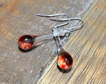 Blown Glass Earrings Red Dangle Lampwork Boro and Silver (ECMC)