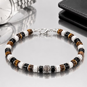 White Howlite & Black Stone Bracelet • 6 mm Heishi • Stainless Steel Spacers • Lobster Clasp • Handmade Luxury Men Bracelet • Gift for Him