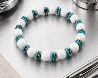 White Agate Bracelet • Turquoise Howlite • 8 mm Gemstone Bracelet • Stretch Cord • Hematite • Beach Jewelry • Gift for Men Women