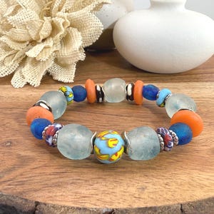 African Glass Beads • Handmade Recycled Beads • Blue Trade Beads • Bone Beads • Ghana Jewelry • Unique Gift • One of a Kind Bracelet•Ghana