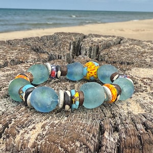 Boho Blue Recycled Glass Bracelet With Krobo Beads - Unique Unisex Gift- African Ethnic Beaded Bracelet With African Recycled Glass