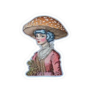 Adesivo in vinile, adesivo con cappello a fungo da donna vittoriana, regalo impermeabile stravagante, adesivo per bicchiere, adesivo per bottiglia d'acqua, adesivo per laptop, auto
