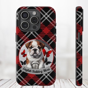 English Bulldog Phone Case Red Plaid Tough Cover for Dog Moms - Protective Double Layer Cell Case for iPhone Android Pet Lover Gift