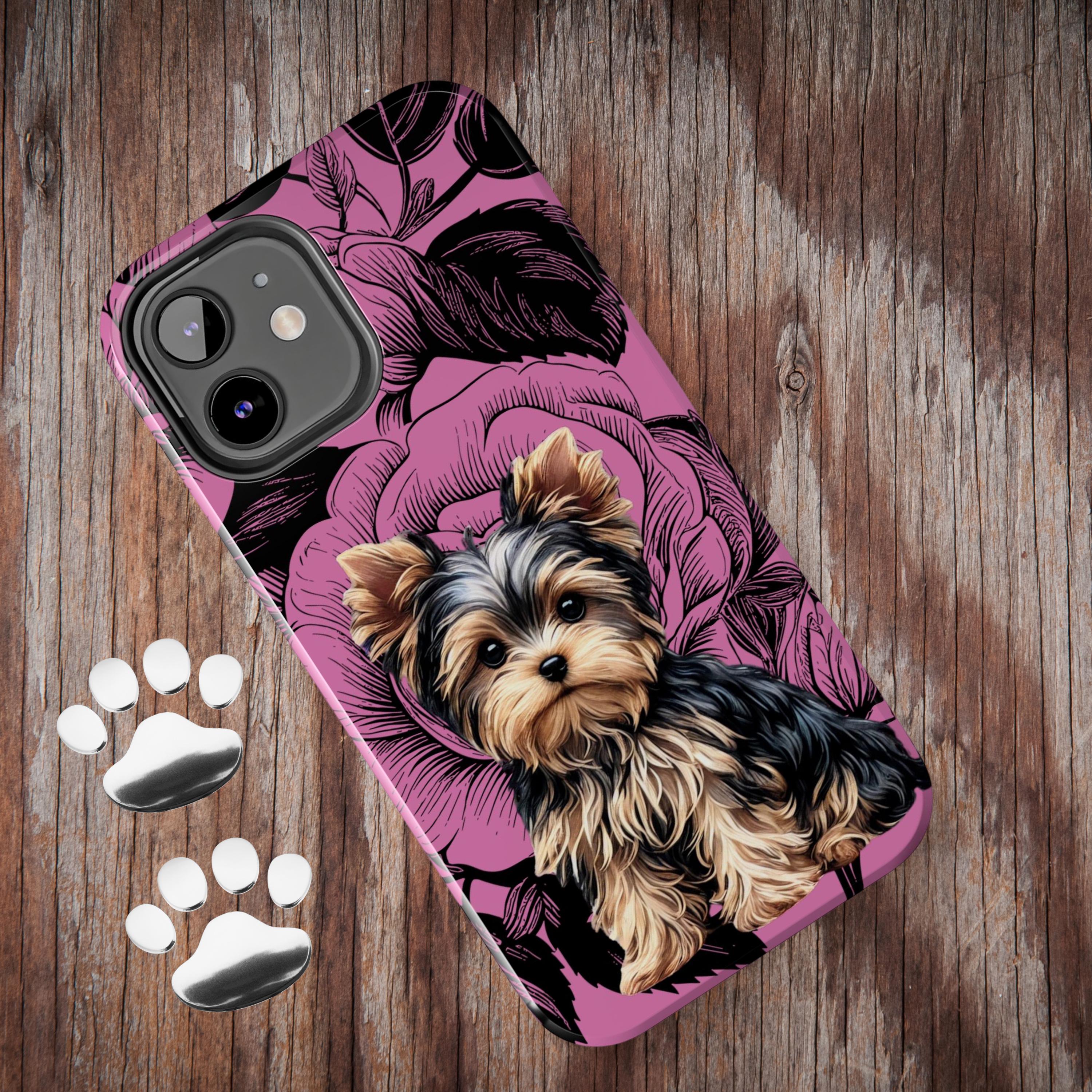 ヨーキー犬用 iPhone および Android 用電話ケース 花柄 丈夫なカバー 