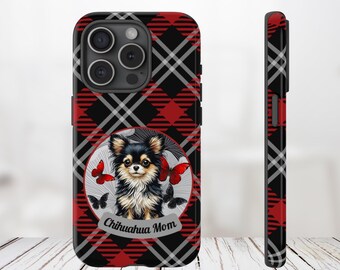 Funda para móvil con diseño de chihuahua de pelo largo - Funda roja a cuadros con mariposas, regalo ideal para amantes de los perros, funda resistente para iPhone y Android.
