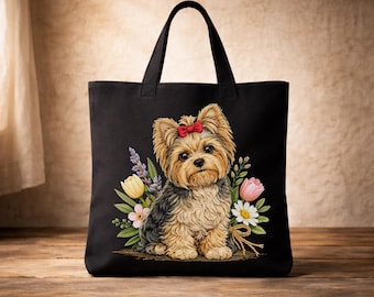 Yorkshire Terrier Floral Tote Bag: Dog Mom Gift, Reusable Shopping Bag