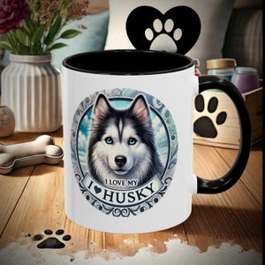 I Love My Husky Coffee Mug Cute Dog Lover Gift Vibrant Blue Eyed Design Dishwasher Safe Ceramic Mug for Husky Owners and Dog Moms
