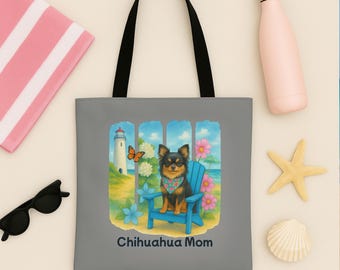 Chihuahua Mom Tote Bag, Long-Haired Chihuahua Gift, Dog Lover Beach Bag, Black and Brown Chihuahua, Personalized Pet Mom Bag