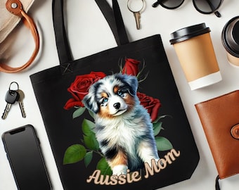 Bolsa de mano para mamá pastor australiano, regalo floral para amantes de los perros, bolsa de compras negra reutilizable, bolsa de mano para cachorros australianos para mamás y dueños de mascotas.